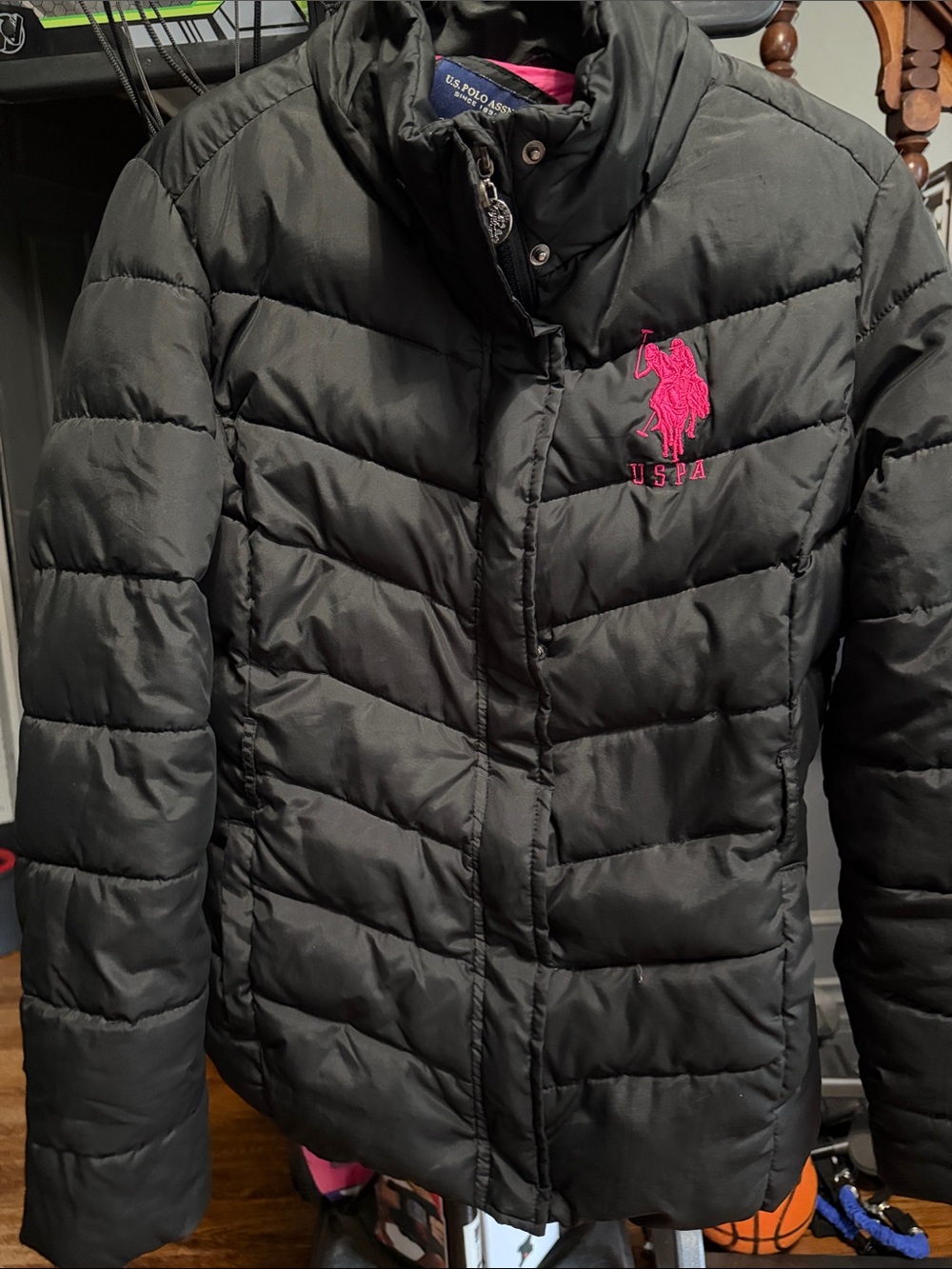 U.S. Polo Assn. Black Puffer Jacket with Hot Pink Logo